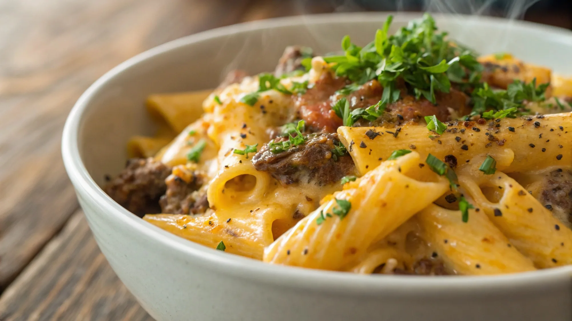 Cheesy Penne with Garlic Beef recipe