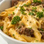 Cheesy Penne with Garlic Beef