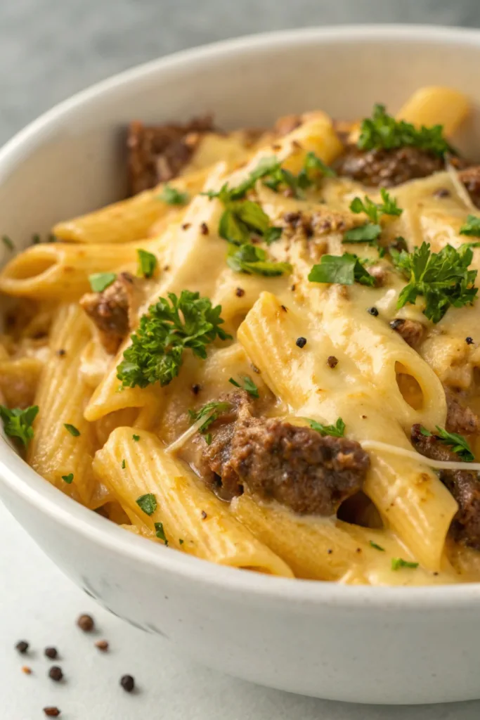 Cheesy Penne with Garlic Beef