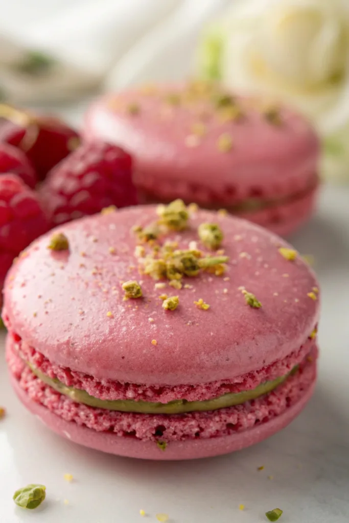 Raspberry Pistachio Macarons