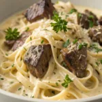 Steak Bites Alfredo Pasta recipe