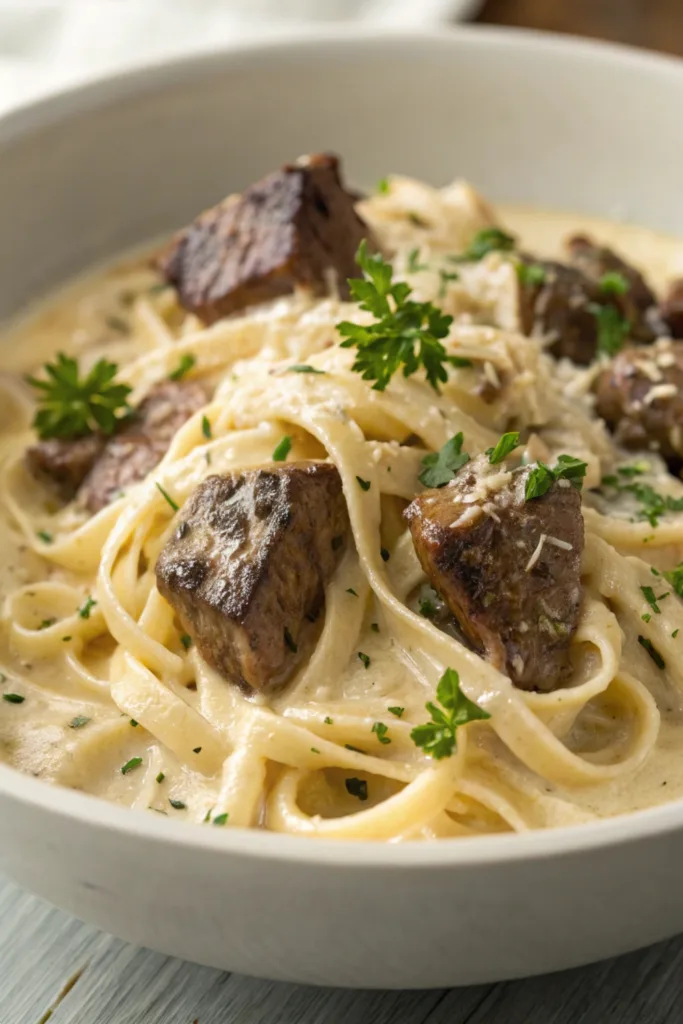 Steak Bites Alfredo Pasta recipe