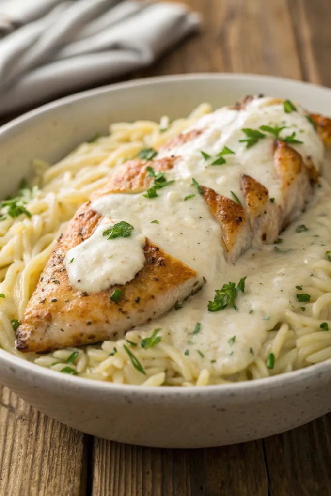 Creamy Garlic Parmesan Orzo Chicken recipe