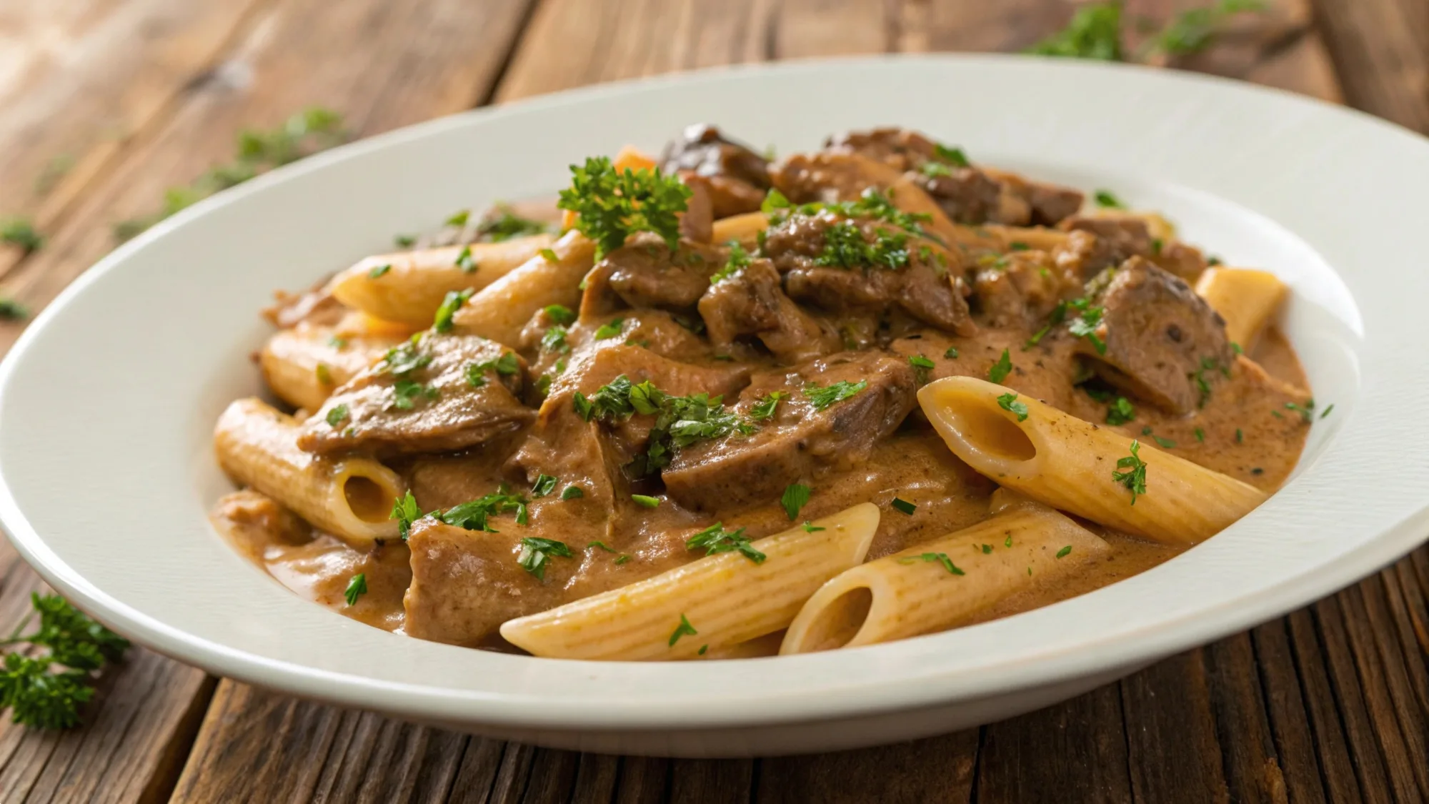 Creamy Beef Stroganoff Penne