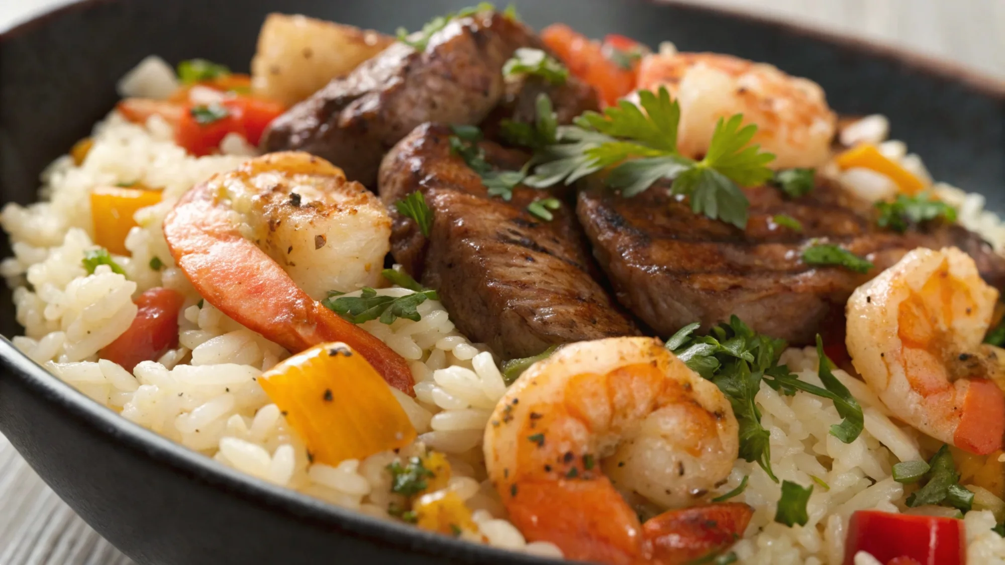 One-Pan Steak Shrimp Rice recipe