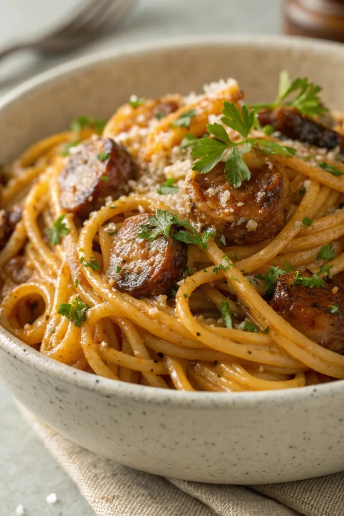 Sticky Honey Garlic Sausage Pasta recipe